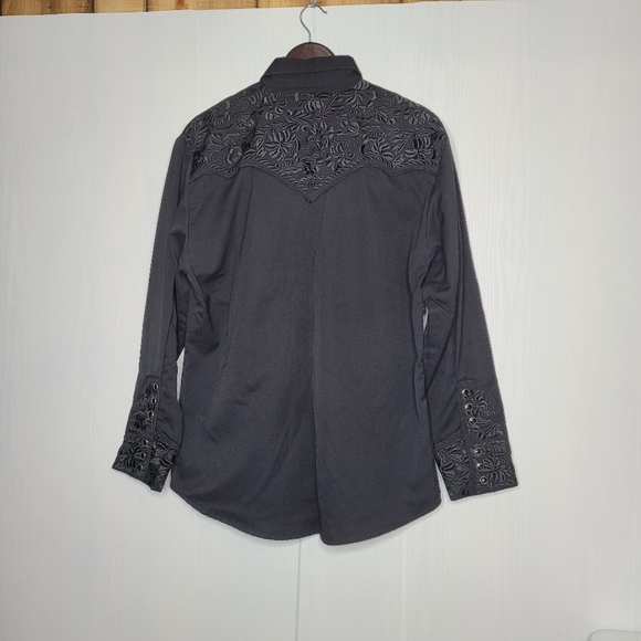 VTG Scully Men Western Snaps Button Shirt Size Medium Black Embroidered Floral - Picture 8 of 16
